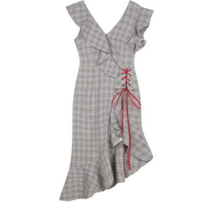 Viscose Party Dresses Gray Plaid Flouncy Women Summer Dress